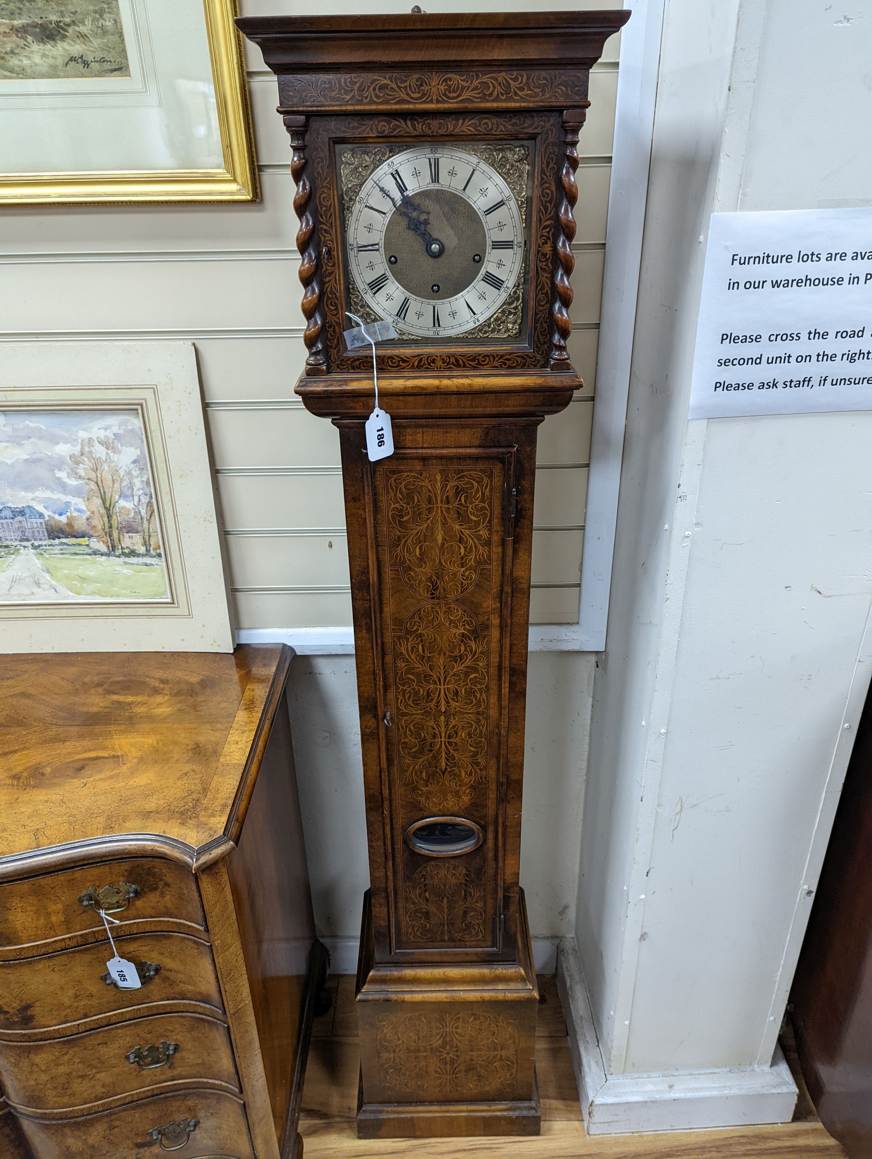 A William and Mary style seaweed marquetry inlaid walnut grandmother clock, height 166cm